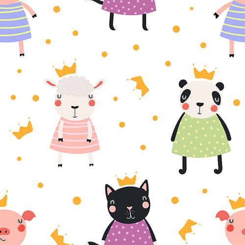 Hand drawn seamless vector pattern with cute animal princesses in crowns, on a white background. Scandinavian style flat design. Concept for children, textile print, wallpaper, wrapping paper.