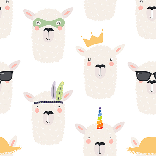 Hand drawn seamless vector pattern with different cute llama faces, on a white background. Scandinavian style flat design. Concept for children, textile print, wallpaper, wrapping paper.
