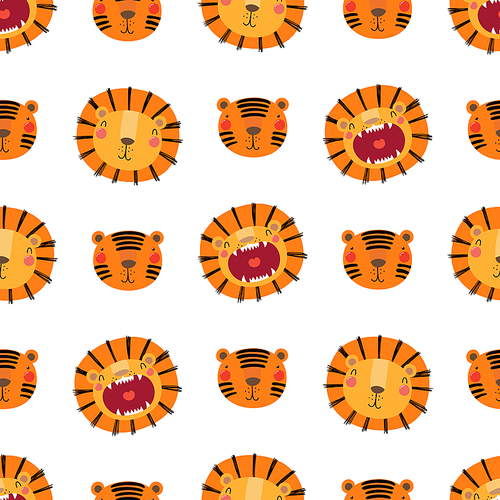 Hand drawn seamless vector pattern with cute lion and tiger faces, on a white background. Scandinavian style flat design. Concept for children, textile print, wallpaper, wrapping paper.
