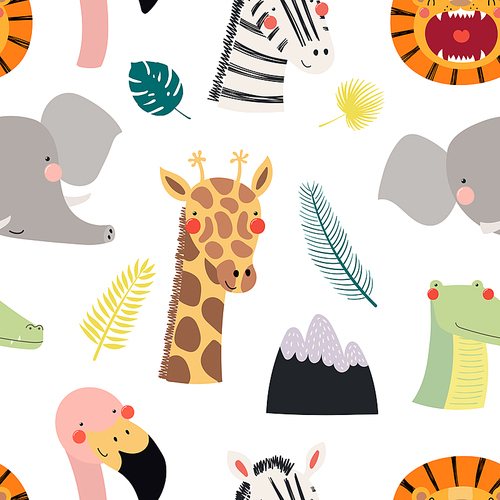 Hand drawn seamless vector pattern with different cute safari animals, on a white background. Scandinavian style flat design. Concept for children, textile print, wallpaper, wrapping paper.
