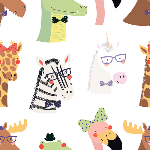 Hand drawn seamless vector pattern with different cute hipster animals, on a white background. Scandinavian style flat design. Concept for children, textile , wallpaper, wrapping paper.