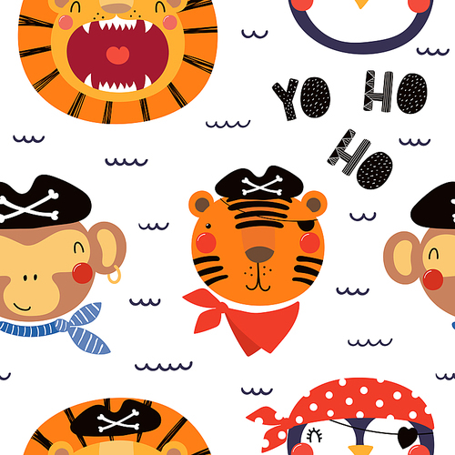 Hand drawn seamless vector pattern with different cute pirate animals, on a white background. Scandinavian style flat design. Concept for children, textile , wallpaper, wrapping paper.