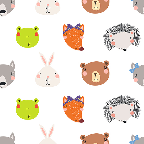Hand drawn seamless vector pattern with different cute woodland animals faces, on a white background. Scandinavian style flat design. Concept for children, textile , wallpaper, wrapping paper.