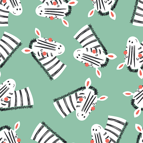 Hand drawn seamless vector pattern with cute zebra faces, on a green background. Scandinavian style flat design. Concept for children, textile , wallpaper, wrapping paper.