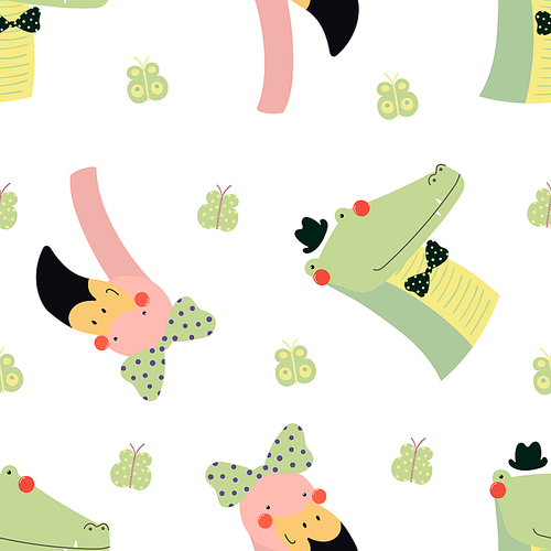 Hand drawn seamless vector pattern with cute flamingo and crocodile faces, on a white background. Scandinavian style flat design. Concept for children, textile , wallpaper, wrapping paper.