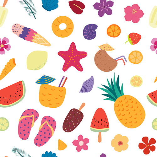 Hand drawn seamless vector pattern with different summer elements, on a white background. Scandinavian style flat design. Concept for children, textile , wallpaper, wrapping paper.