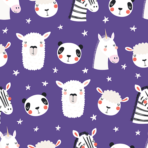 Hand drawn seamless vector pattern with different cute sleepy animals, stars, on a violet background. Scandinavian style flat design. Concept for children, textile print, wallpaper, wrapping paper.