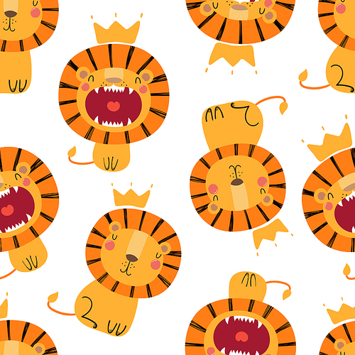 Hand drawn seamless vector pattern with cute lions in crowns, on a white background. Scandinavian style flat design. Concept for children, textile print, wallpaper, wrapping paper.