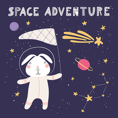 Hand drawn vector illustration of a cute bunny in space, catching comet with a butterfly net, with quote Space adventure. Isolated objects. Scandinavian style flat design. Concept for children .