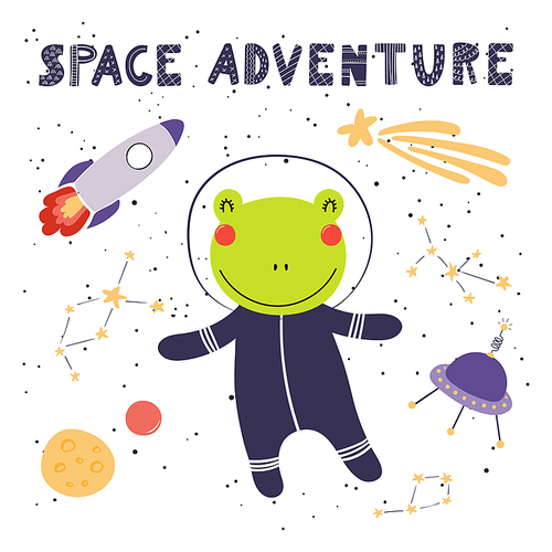 Hand drawn vector illustration of a cute funny frog in space, with rocket, ufo, comet, lettering quote Space adventure. Isolated objects. Scandinavian style flat design. Concept for children .