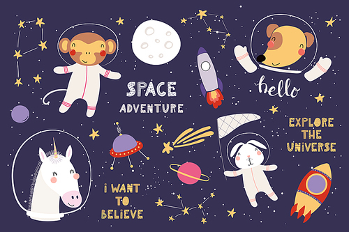 Big set of cute funny animal astronauts in space, with planets, stars, quotes. Isolated objects on white . Vector illustration. Scandinavian style flat design. Concept for children .