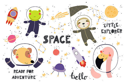 Big set of cute funny animal astronauts in space, with planets, stars, quotes. Isolated objects on white . Vector illustration. Scandinavian style flat design. Concept for children .