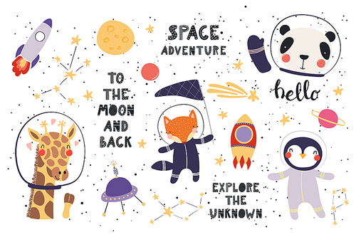 Big set of cute funny animal astronauts in space, with planets, stars, quotes. Isolated objects on white . Vector illustration. Scandinavian style flat design. Concept for children print.