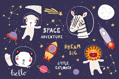 Big set of cute funny animal astronauts in space, with planets, stars, quotes. Isolated objects on white . Vector illustration. Scandinavian style flat design. Concept for children print.