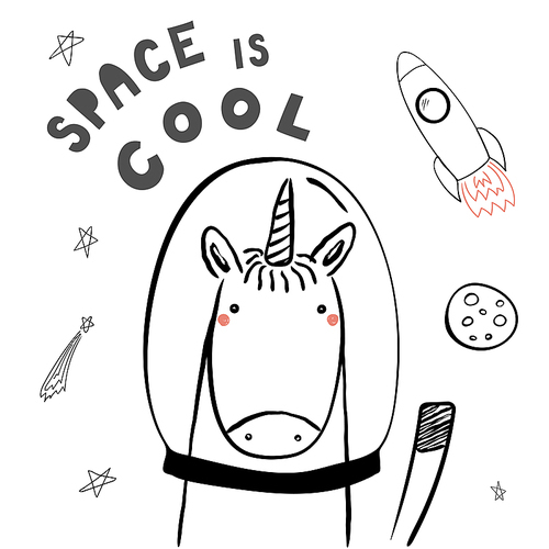 hand drawn portrait of a cute funny unicorn in space, waving, with typography. isolated objects on white . line drawing. vector illustration. design concept for children print.