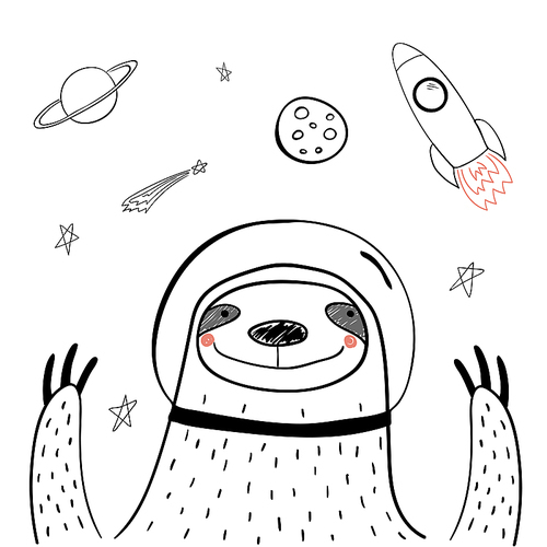 hand drawn portrait of a cute funny sloth in space, waving. isolated objects on . line drawing. vector illustration. design concept for children print.