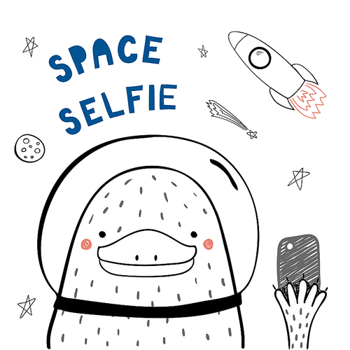 hand drawn portrait of a cute funny platypus in space with a smart phone, taking selfie. isolated objects on . line drawing. vector illustration. design concept for children print.