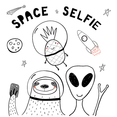 hand drawn portrait of a cute funny sloth, pineapple, alien in space, taking selfie. isolated objects on white . line drawing. vector illustration. design concept for children .