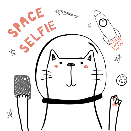 hand drawn portrait of a cute funny cat in space with a smart phone, taking selfie. isolated objects on . line drawing. vector illustration. design concept for children print.