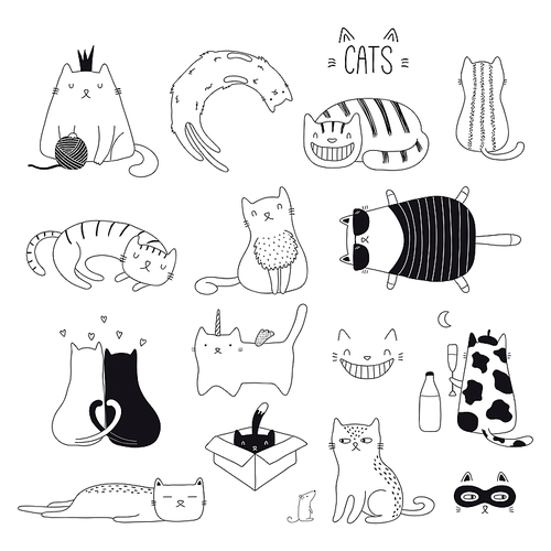 Set of cute funny black and white doodles of different cats. Isolated objects. Hand drawn vector illustration. Line drawing. Design concept for poster, t-shirt, fashion .