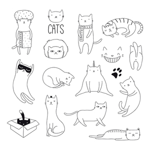 Set of cute funny black and white doodles of different cats. Isolated objects. Hand drawn vector illustration. Line drawing. Design concept for poster, t-shirt, fashion .