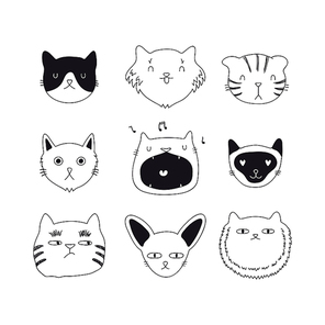 Set of cute funny black and white doodles of different cats faces. Isolated objects. Hand drawn vector illustration. Line drawing. Design concept for poster, t-shirt, fashion .