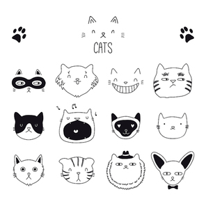 Set of cute funny black and white doodles of different cats faces. Isolated objects. Hand drawn vector illustration. Line drawing. Design concept for poster, t-shirt, fashion print.