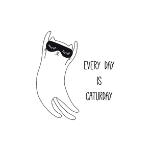 Hand drawn black and white vector illustration of a cute funny sleeping cat in a sleep mask, with quote Every day is caturday. Isolated objects. Line drawing. Design concept for poster, t-shirt print.
