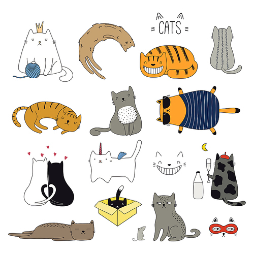 set of cute funny color doodles of different cats. isolated objects on white . hand drawn vector illustration. line drawing. design concept for poster, t-shirt, fashion .