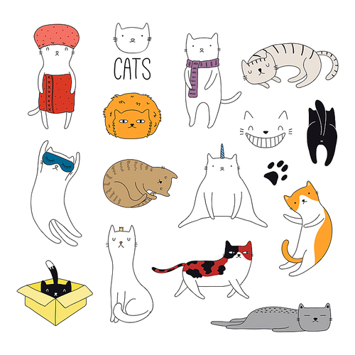 set of cute funny color doodles of different cats. isolated objects on white . hand drawn vector illustration. line drawing. design concept for poster, t-shirt, fashion .