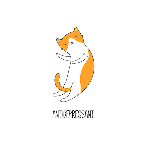 hand drawn vector illustration of a cute funny cat, lying on its back, with quote antidepressant. isolated objects on . line drawing. design concept for poster, t-shirt print.