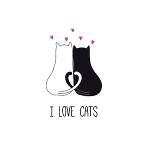 hand drawn vector illustration of a cute funny cats together, hearts, with quote i love cats. isolated objects on white . line drawing. design concept for poster, t-shirt print.