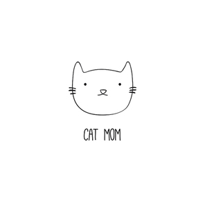 Hand drawn black and white vector illustration of a cute funny cat face, with quote Cat mom. Isolated objects. Line drawing. Design concept for poster, t-shirt print.