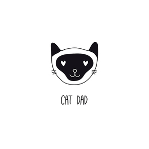 Hand drawn black and white vector illustration of a cute funny cat face, with quote Cat dad. Isolated objects. Line drawing. Design concept for poster, t-shirt print.