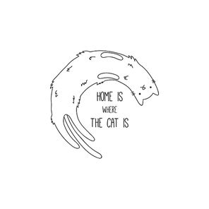 Hand drawn black and white vector illustration of a cute funny cat lying on its back, with quote Home is where the cat is. Isolated objects. Line drawing. Design concept for poster, t-shirt .