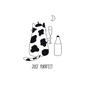 Hand drawn black and white vector illustration of a cute funny cat in a beret, drinking milk, with quote Just purrfect. Isolated objects. Line drawing. Design concept for poster, t-shirt print.