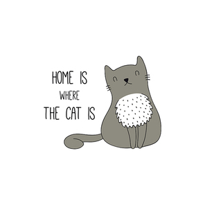 Hand drawn vector illustration of a cute funny cat with fluffy, chest, with quote Home is where the cat is. Isolated objects on white background. Line drawing. Design concept for poster, t-shirt print