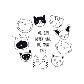 Set of cute funny black and white doodles of different cats faces. Round frame with quote. Isolated objects. Hand drawn vector illustration. Line drawing. Design concept for poster, t-shirt print.
