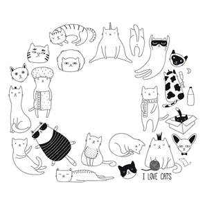 Set of cute funny black and white doodles of different cats. Round frame with copy space. Isolated objects. Hand drawn vector illustration. Line drawing. Design concept for poster, t-shirt print.