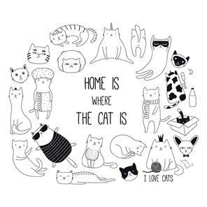 Set of cute funny black and white doodles of different cats. Round frame with quote. Isolated objects. Hand drawn vector illustration. Line drawing. Design concept for poster, t-shirt .