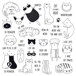 Set of cute funny black and white doodles of different cats and quotes. Isolated objects. Hand drawn vector illustration. Line drawing. Design concept for poster, t-shirt, fashion print.