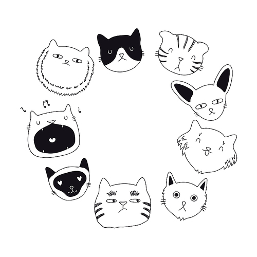 Set of cute funny black and white doodles of different cats faces. Round frame with copy space. Isolated objects. Hand drawn vector illustration. Line drawing. Design concept for poster, t-shirt