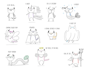 Hand drawn vector doodles of cute cats as mythical creatures - unicorn, mermaid, fairy, vampire, sphinx, ghost, dragon, angel and devil, with text. Isolated unfilled outlines. Design concept for kids.