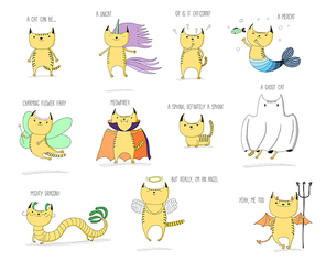 Hand drawn vector doodles of cute cats mythical creatures - unicorn, mermaid, fairy, vampire, sphinx, ghost, dragon, angel and devil, with text. Isolated objects on white background. Design for kids.