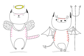 Hand drawn vector doodles of cute funny angel cat and devil cat. Isolated unfilled outlines. Design concept for children - poster, postcard, sticker, t-shirt .