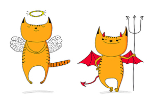 Hand drawn vector doodles of cute funny angel cat and devil cat. Isolated objects on white . Design concept for children - poster, postcard, sticker, t-shirt, mug or bag .