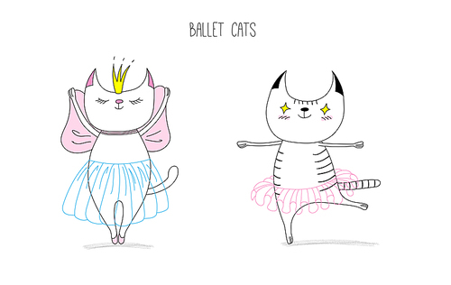 Hand drawn vector doodles of cute funny cats dancing ballet, with text. Isolated unfilled outlines. Isolated unfilled outlines. Design concept for children - poster, postcard, sticker, t-shirt .