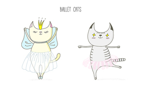 Hand drawn vector doodles of cute funny cats dancing ballet, with text. Isolated objects on white . Design concept for children - poster, postcard, sticker, t-shirt print.