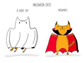hand drawn vector doodles of cute funny cats as ghost and vampire. isolated objects on . halloween design concept for children - poster, postcard, sticker, t-shirt, mug or bag .