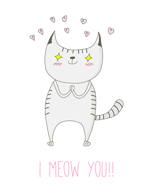 Hand drawn vector doodle of cute funny striped cat in love with pink hearts and text I meow you. Isolated object on white . Design concept for children - postcard, sticker, t-shirt print.